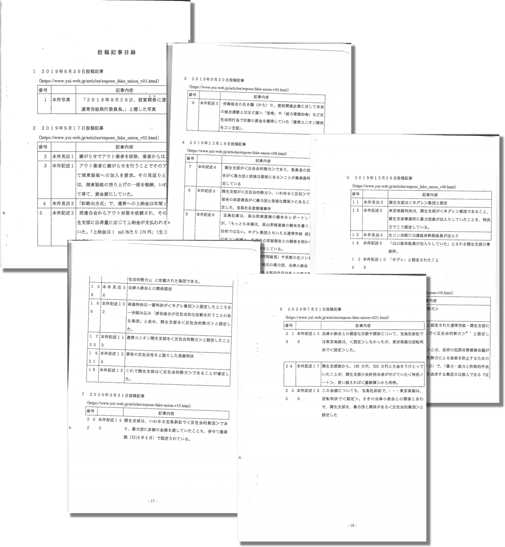 原告側が訴状の＜別紙＞として大阪地裁に提出した＜投稿記事目録＞。